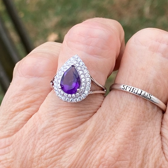 Amethyst teardrop halo ring platinum plated sz 7 brand new in box - Picture 16 of 16